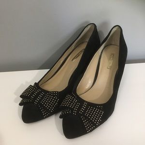 BCBGeneration black suede wedge heels bow